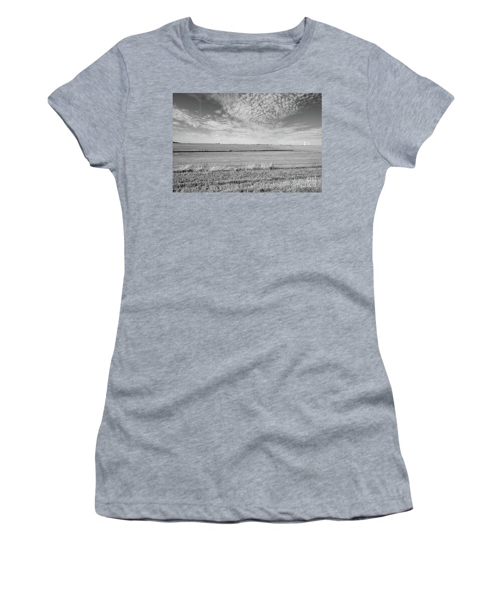 Farm Women's T-Shirt featuring the photograph Nebraska Farm And Honeycomb Clouds Grayscale by Jennifer White