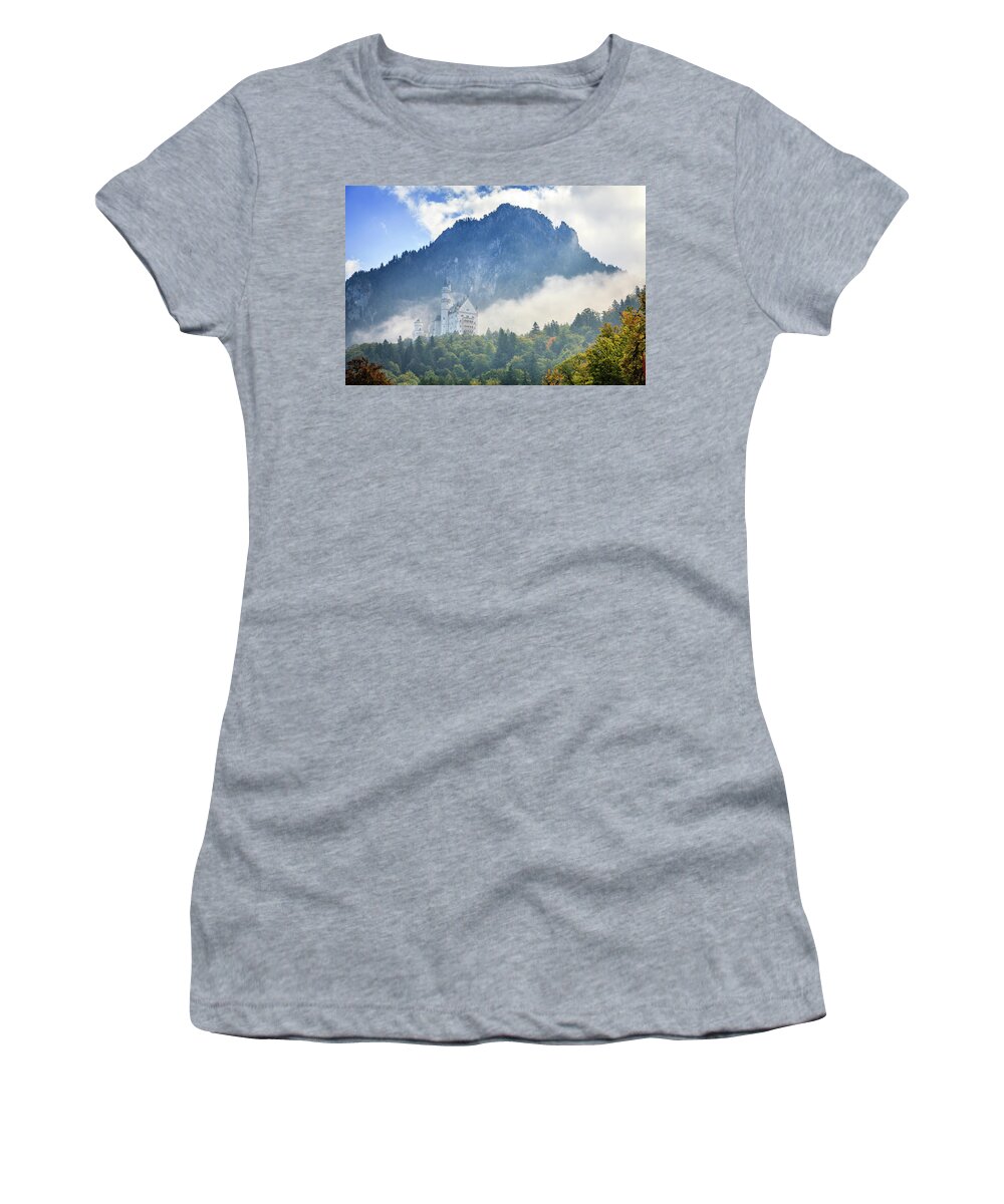 Alps Women's T-Shirt featuring the photograph Neuschwanstein Castle in morning fog by Alexey Stiop