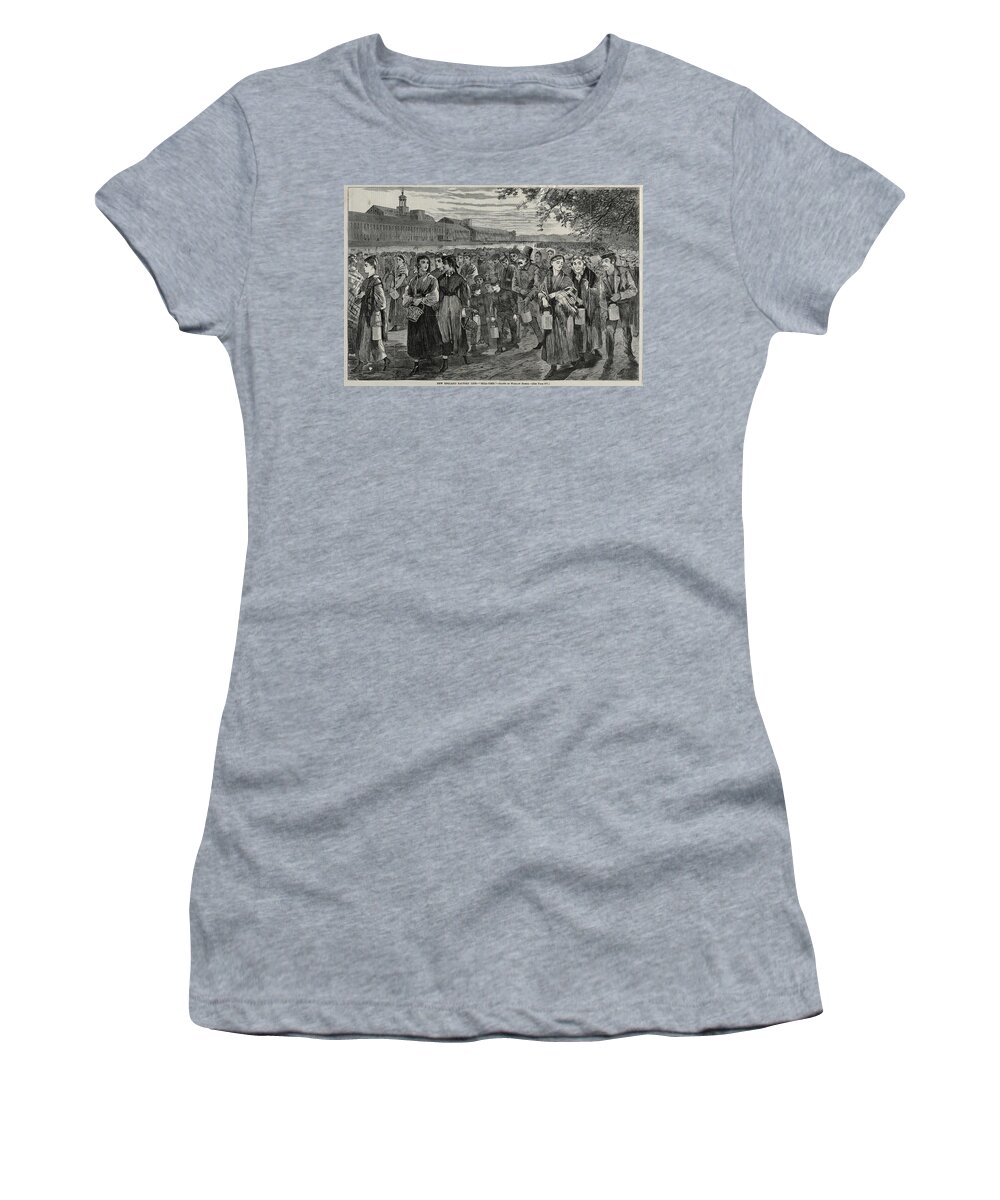 New England Factory Life Bell Time 1868 Winslow Homer Women's T-Shirt featuring the painting New England Factory Life Bell Time 1868 Winslow Homer by MotionAge Designs