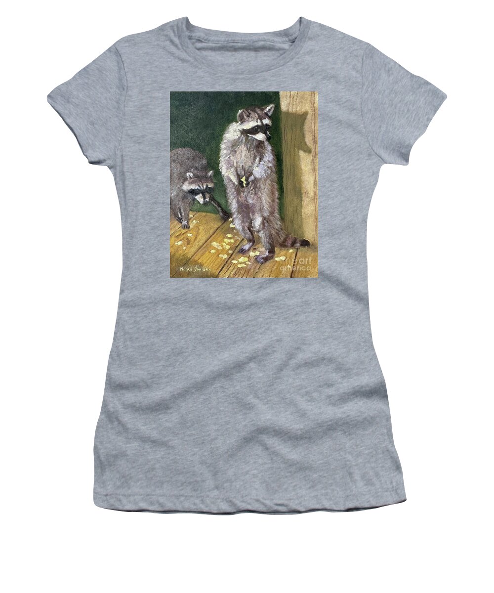 Raccoon Women's T-Shirt featuring the painting Raccoon Caught In Action by Marilyn Nolan-Johnson by Marilyn Nolan-Johnson