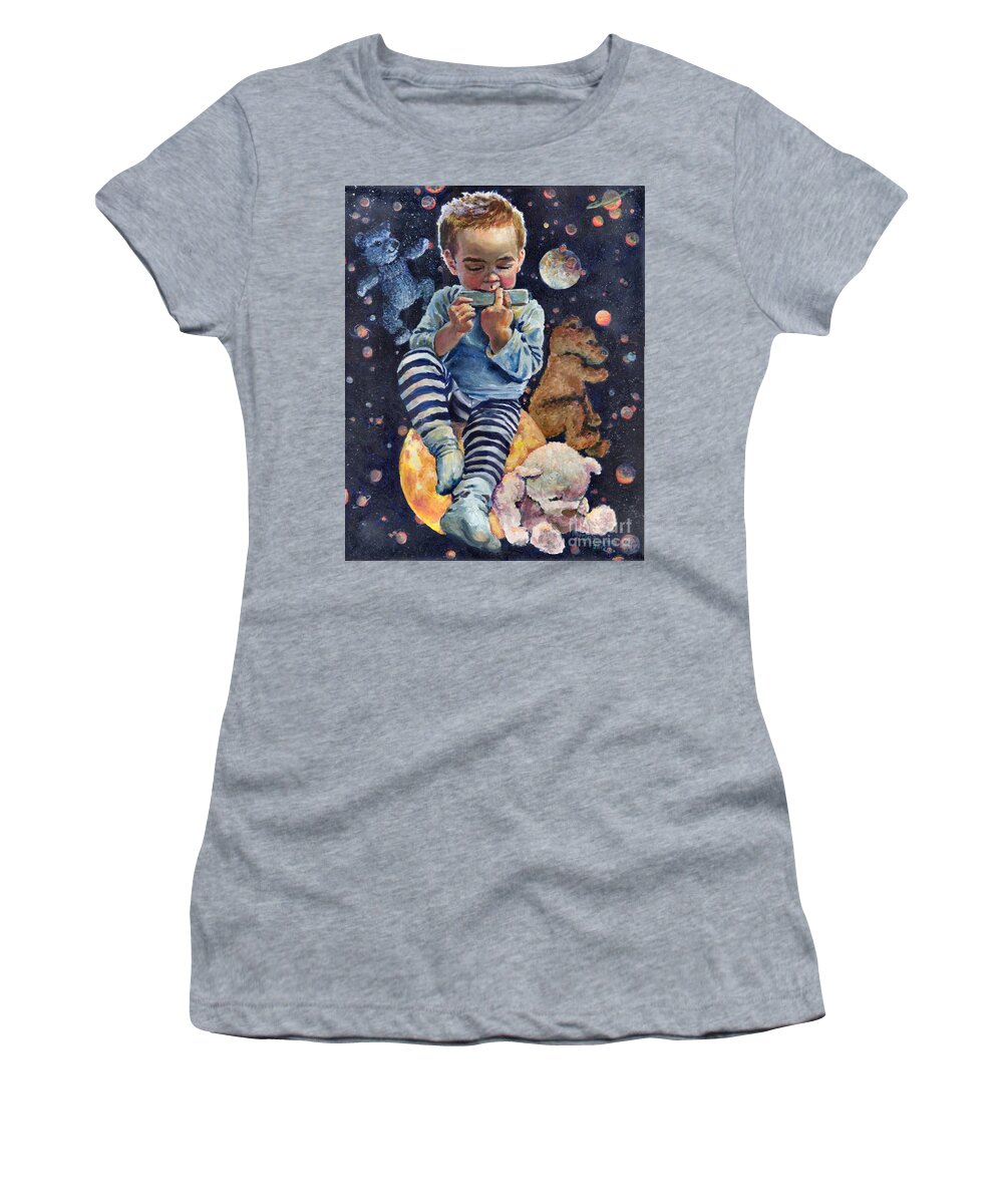 Boy Women's T-Shirt featuring the painting Nocturne on Harmonica for Bear Trio by Merana Cadorette