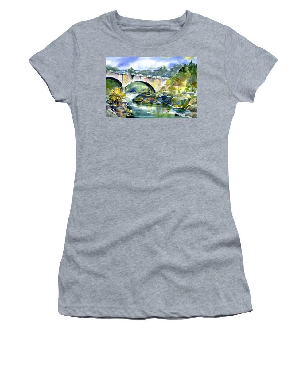 No Hands Bridge Women's T-Shirt featuring the painting NoHandsFishing#2 by Joan Chlarson