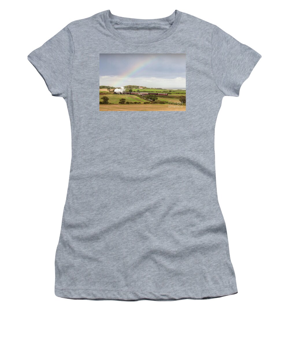 Weybourne Women's T-Shirt featuring the photograph Norfolk steam train with Weybourne windmill and rainbow by Simon Bratt