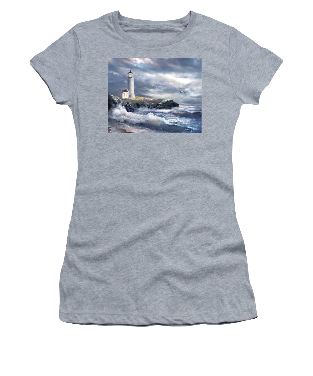 North Head Lighthouse Women's T-Shirt featuring the painting North Head lighthouse at the eve of a storm by Regina Femrite