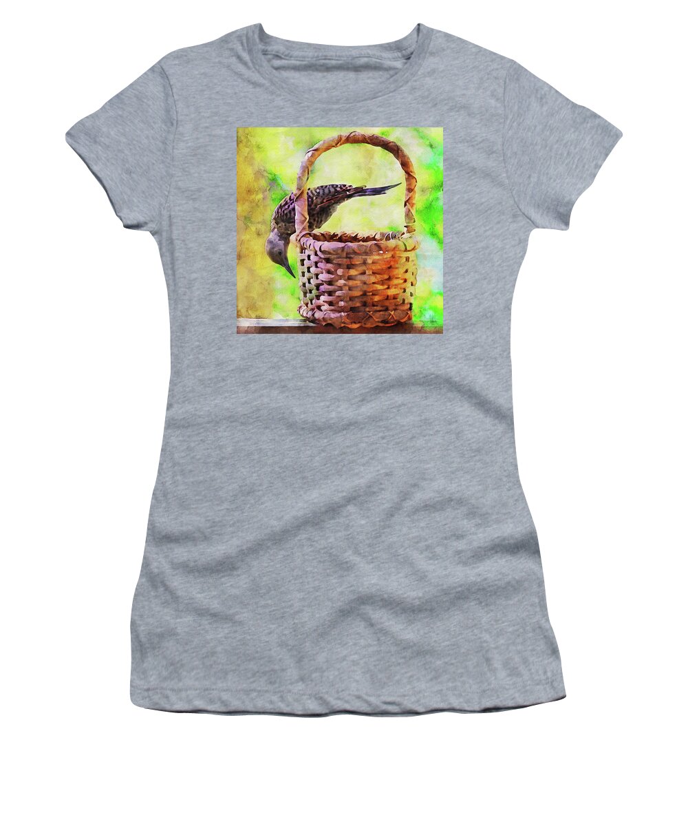 Flicker Women's T-Shirt featuring the photograph Northern Flicker on a Basket by Peggy Collins