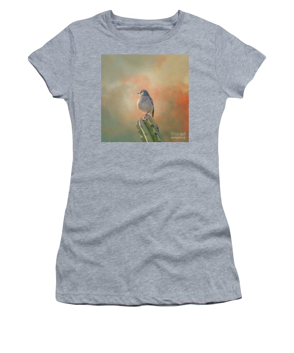 Mockingbird Women's T-Shirt featuring the photograph Northern Mockingbird on Cactus Three by Elisabeth Lucas