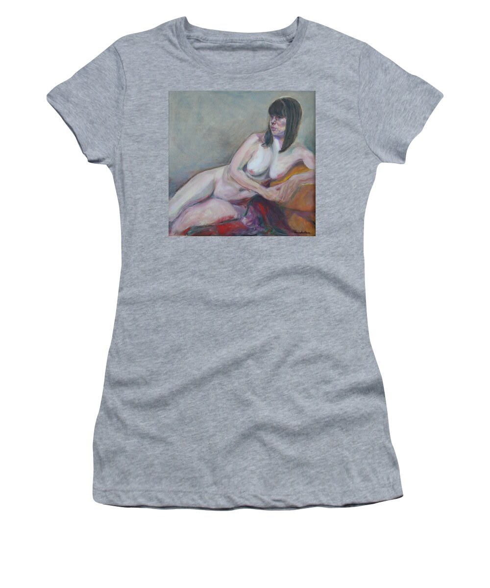 Impressionism Women's T-Shirt featuring the painting Nude Leaning - Original Contemporary Impressionist Painting by Quin Sweetman