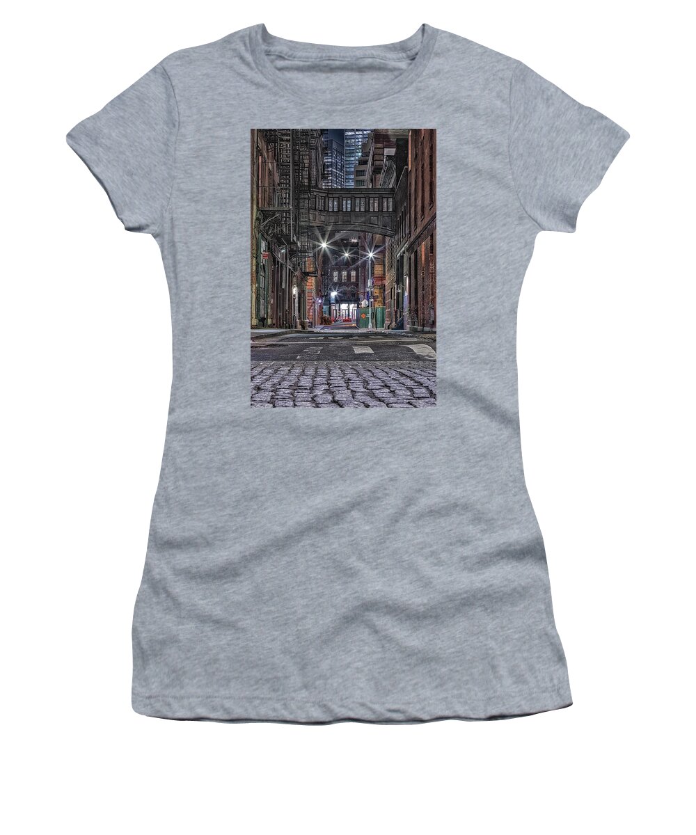 Tribeca Skybridge Women's T-Shirt featuring the photograph NYC Tribeca Skybridge BW by Susan Candelario