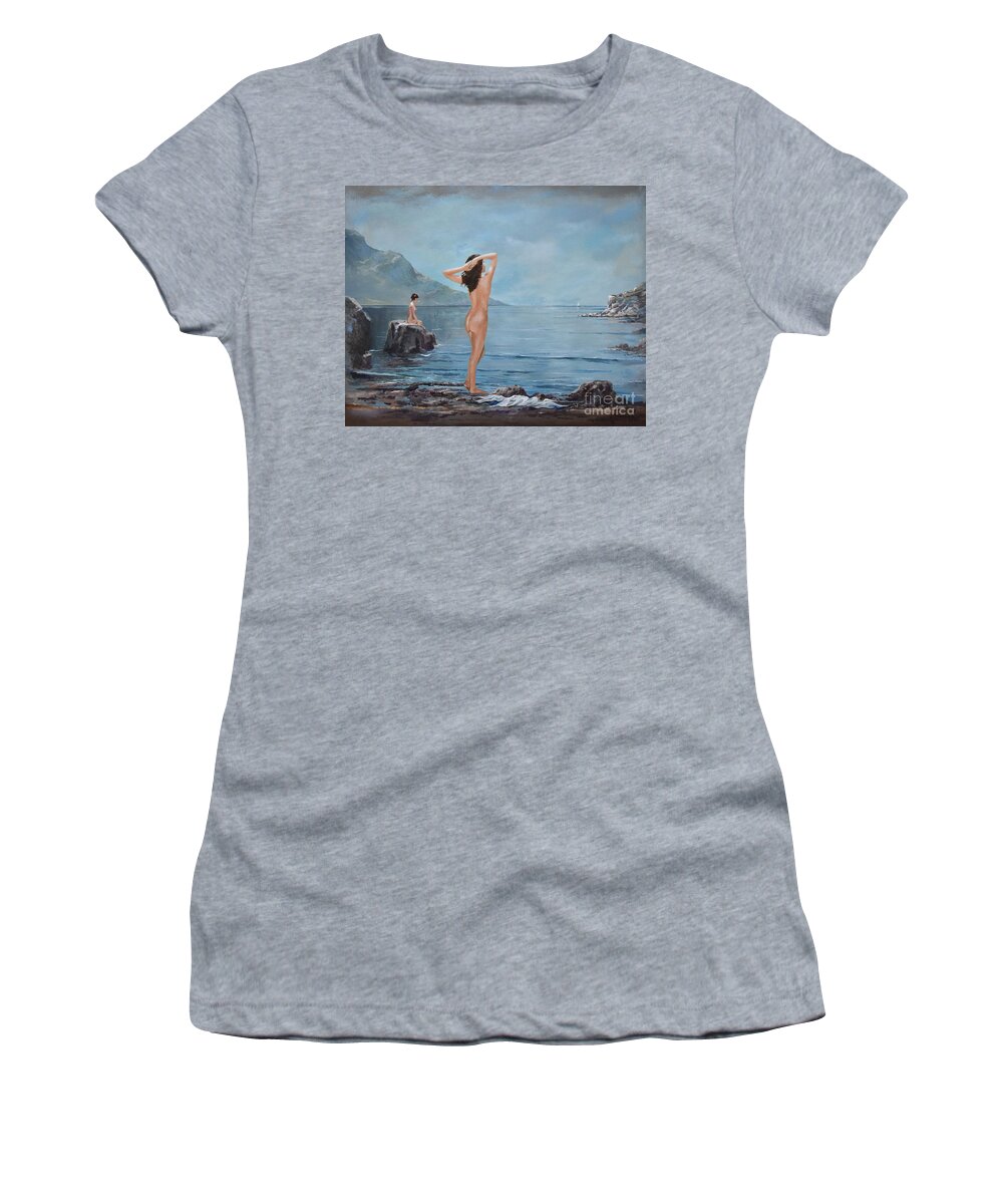 Female Figures Women's T-Shirt featuring the painting Nymphs by Sinisa Saratlic