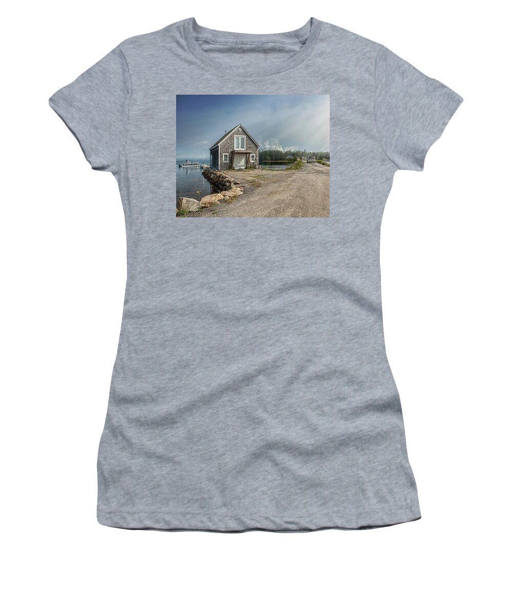 Photo Women's T-Shirt featuring the photograph Oak Island From The Other Side Of the Causeway Boathouse by Connie Publicover