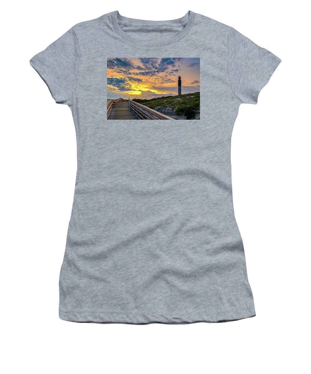 Oak Island Women's T-Shirt featuring the photograph Oak Island Lighthouse Sunset by Nick Noble