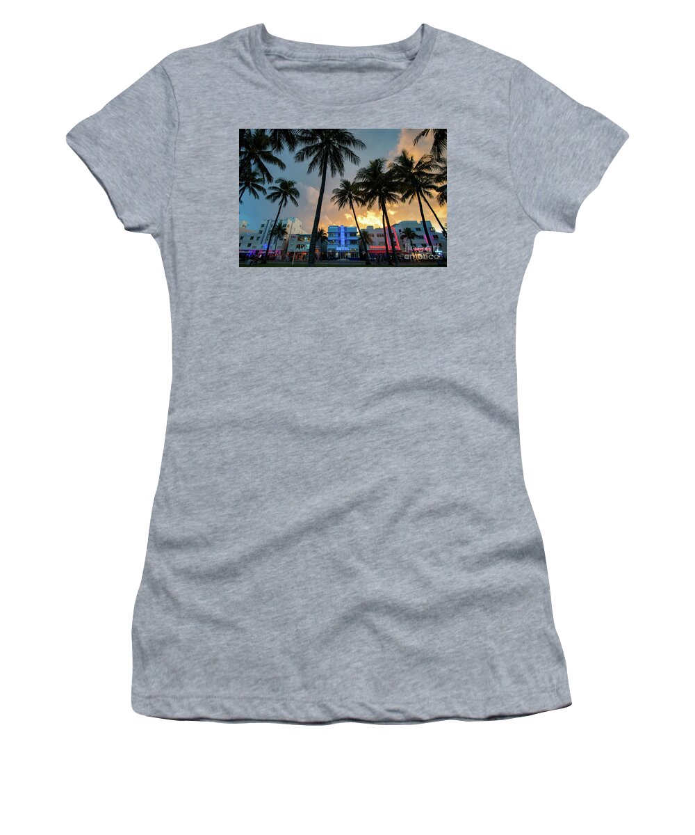Palm Women's T-Shirt featuring the photograph Ocean Drive in South Beach Miami at Sunset by Beachtown Views