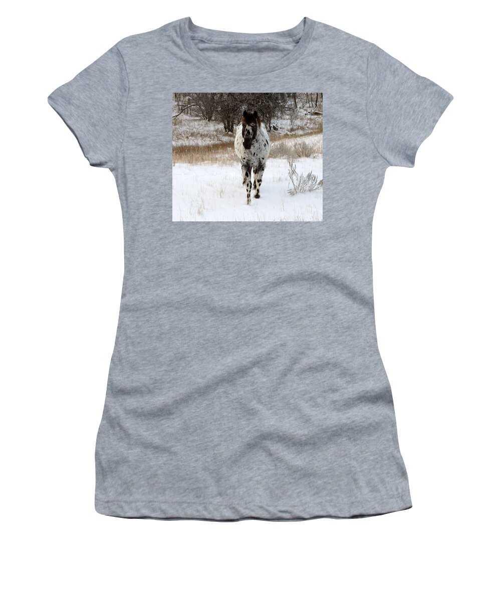 Appaloosa Women's T-Shirt featuring the photograph October Snow by Katie Keenan