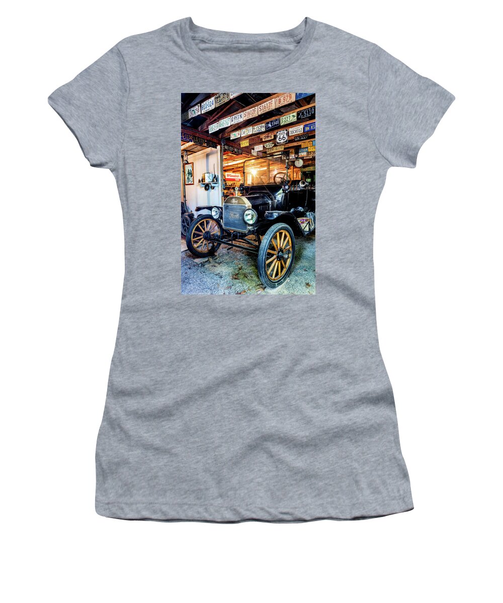 Ford Women's T-Shirt featuring the photograph Old Classic in the Garage by Debra and Dave Vanderlaan