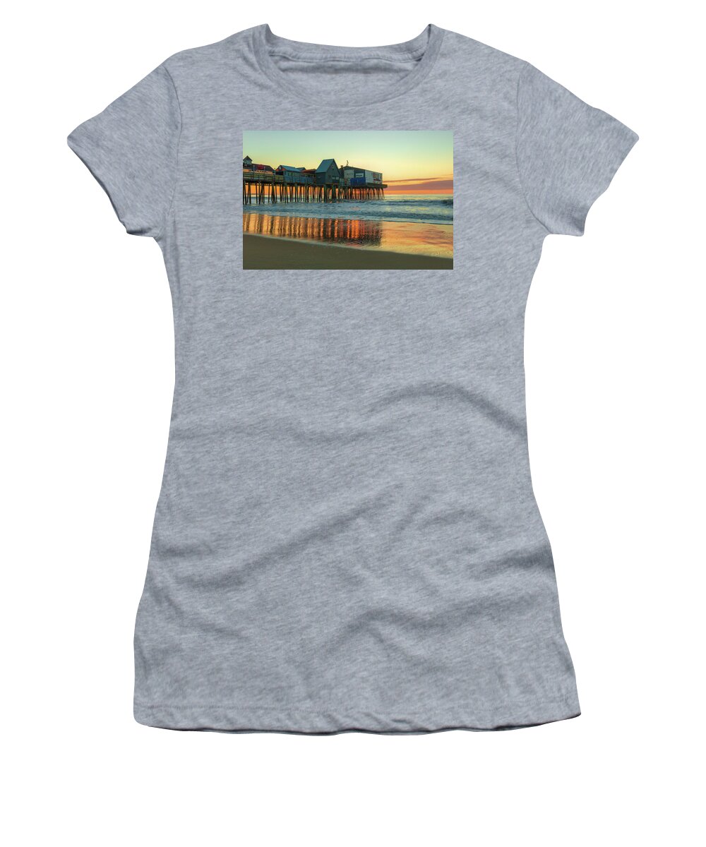 Old Orchard Pier Sunrise Women's T-Shirt featuring the photograph Old Orchard Pier Sunrise Reflection by Dan Sproul