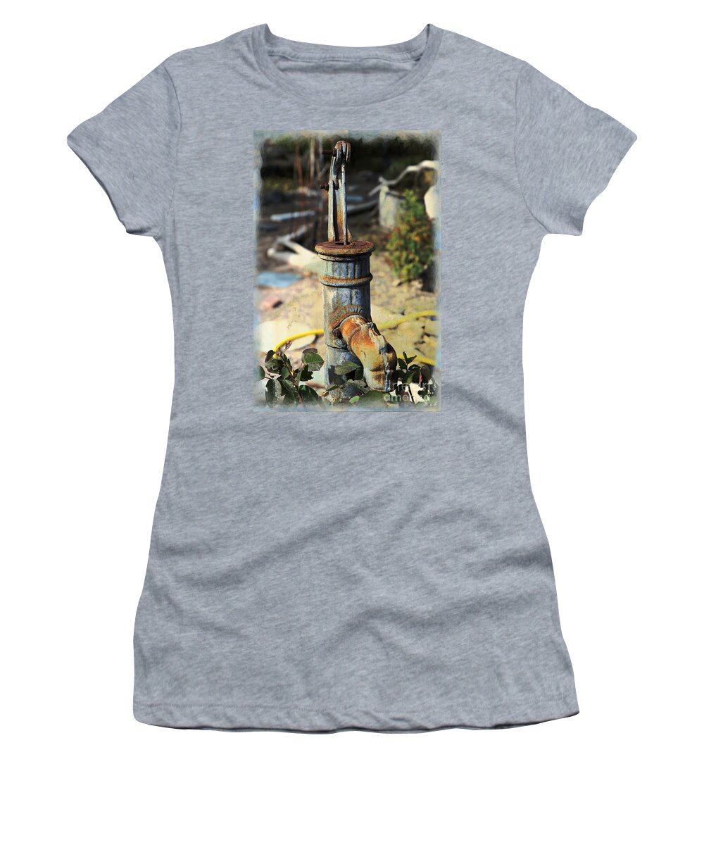 Garden Women's T-Shirt featuring the mixed media Old Pump in Garden by Kae Cheatham