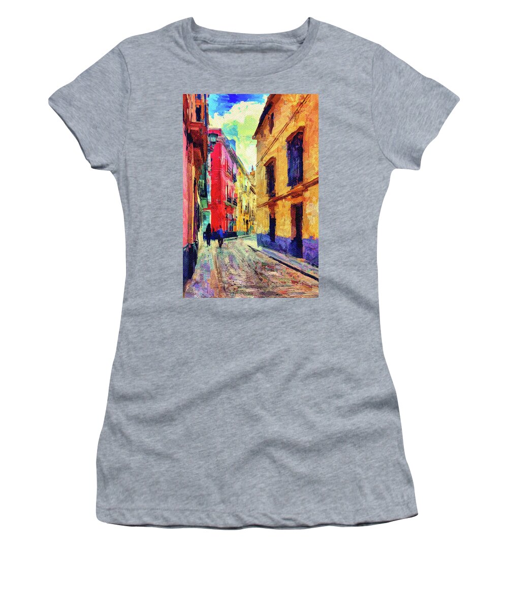 Old Street Women's T-Shirt featuring the mixed media Old street Seville, Spain by Tatiana Travelways