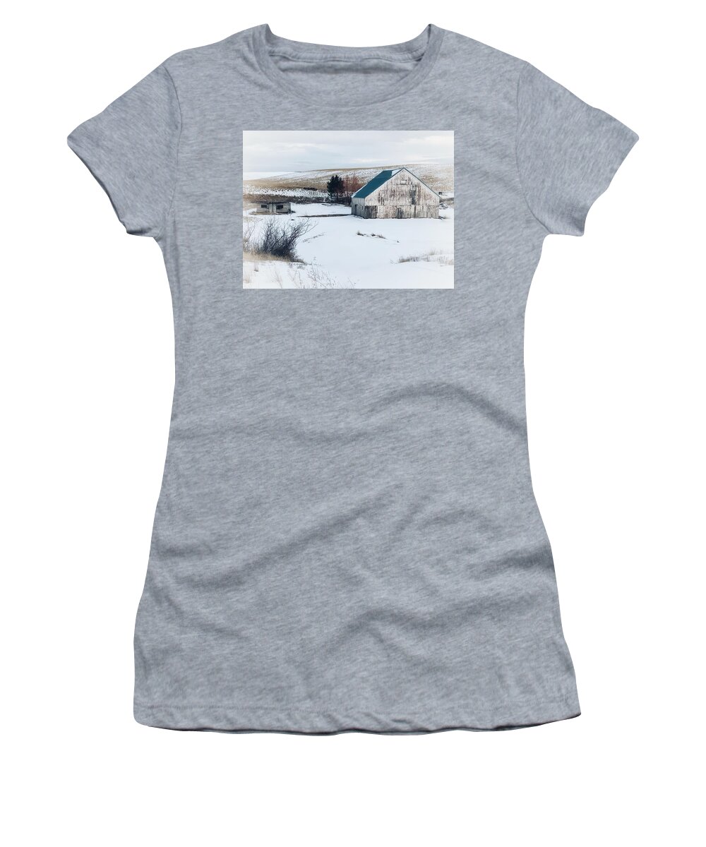 Barn Women's T-Shirt featuring the photograph Old White Barn in Snow by Jerry Abbott