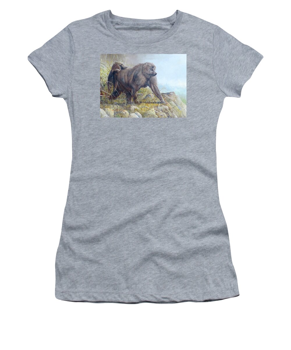 Olive Baboons Women's T-Shirt featuring the painting Olive Baboons by Barry Kent MacKay