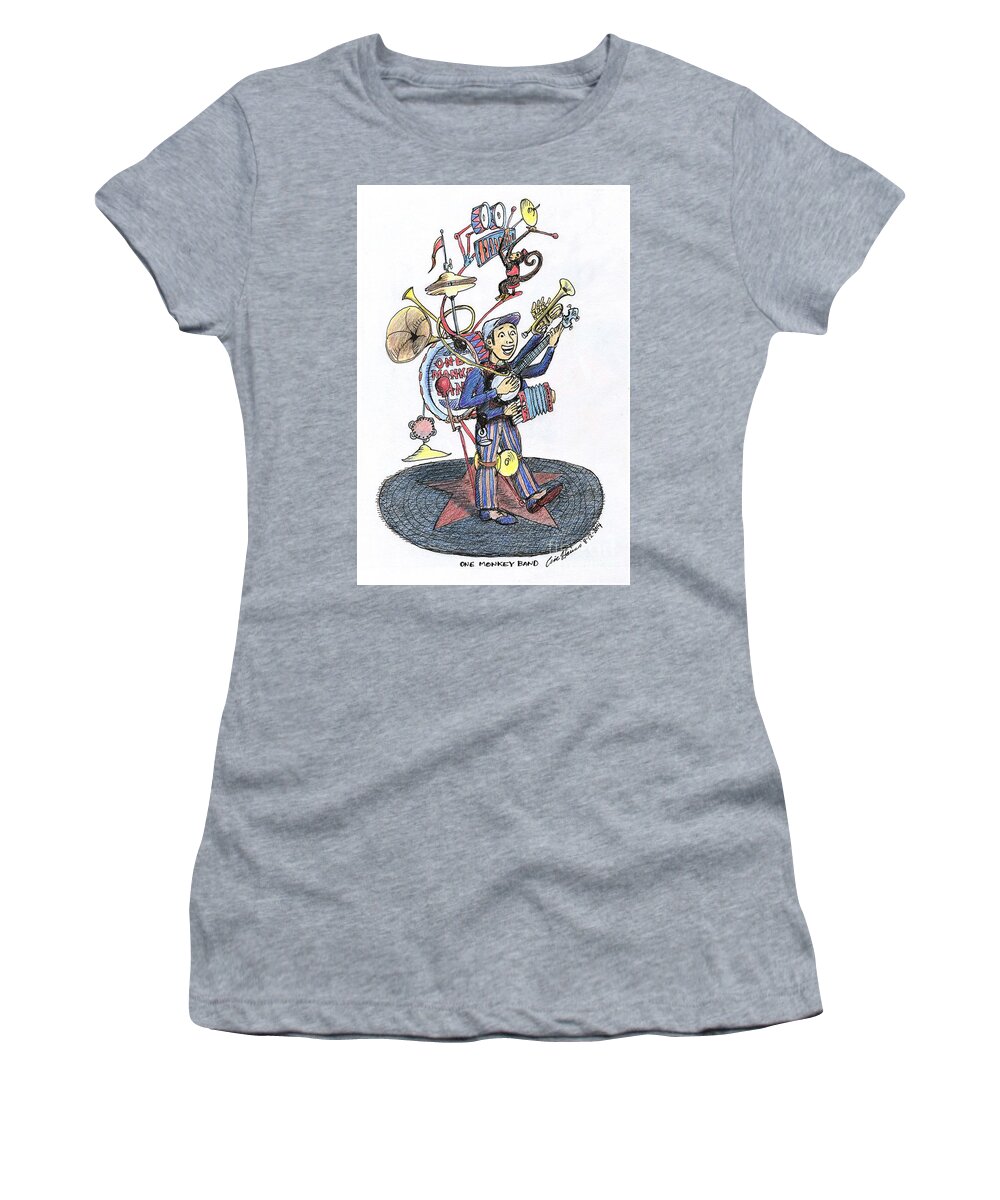 One Man Band Women's T-Shirt featuring the drawing One Monkey Band by Eric Haines