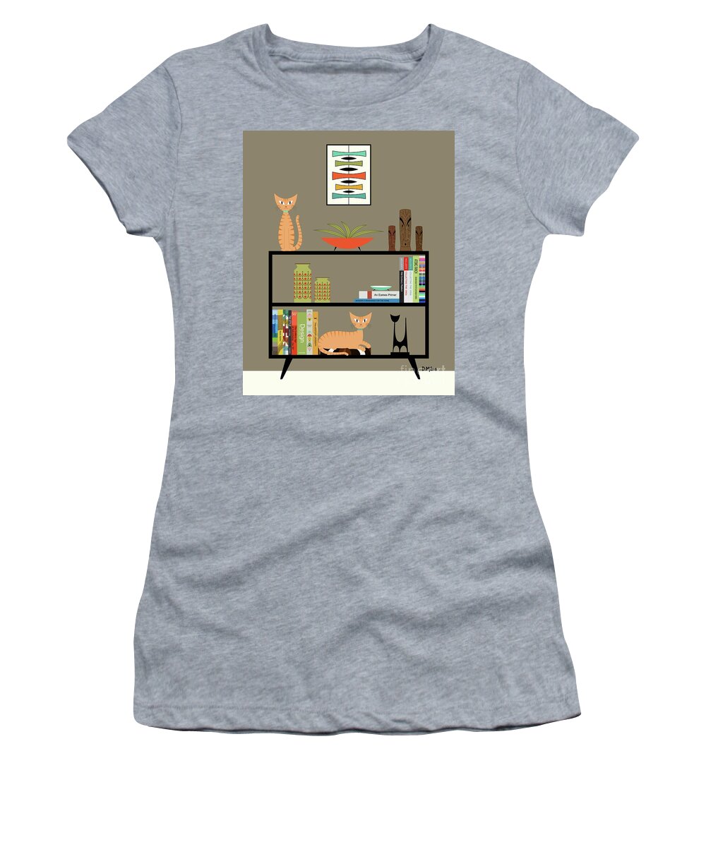 Mid Century Modern Orange Tabby Cats Women's T-Shirt featuring the digital art Orange Tabby Cats on Bookcase by Donna Mibus