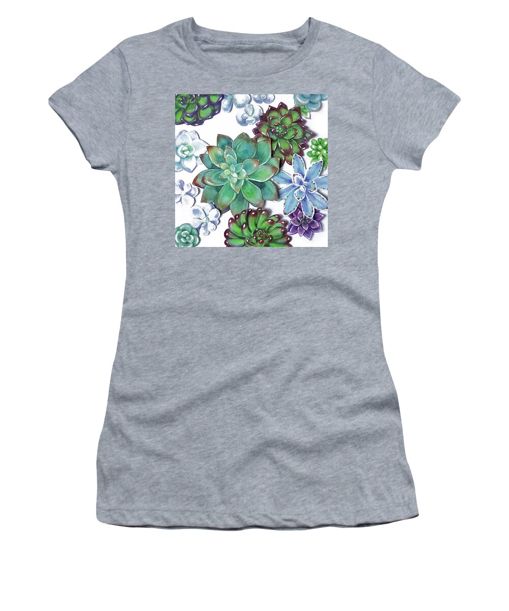 Succulent Women's T-Shirt featuring the painting Organic Beautiful Succulent Plants Garden Watercolor Art Decor I by Irina Sztukowski