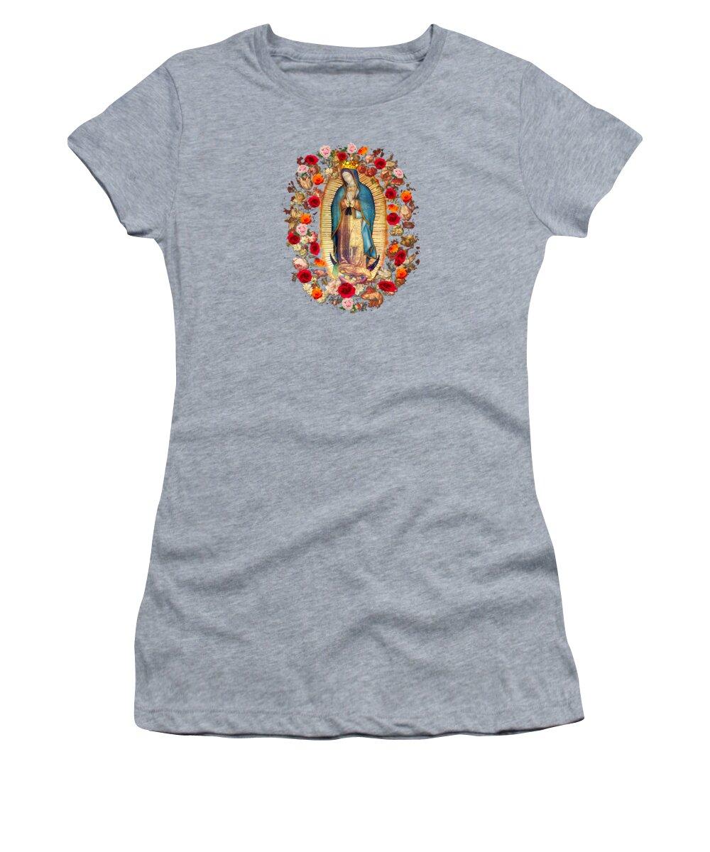 Guadalupe Women's T-Shirt featuring the mixed media Our Lady of Guadalupe Roses by Juan Diego