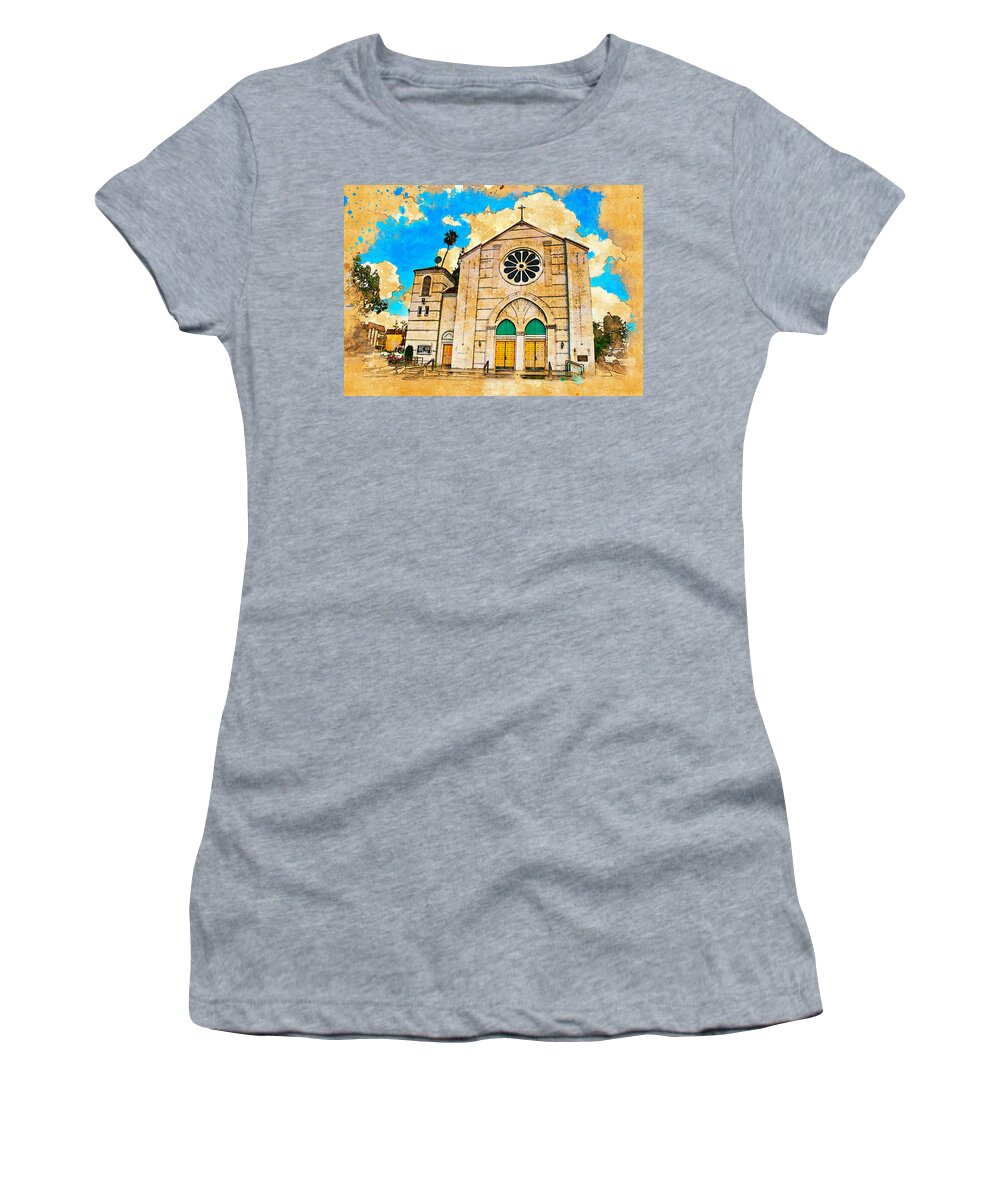 Our Lady Of Perpetual Help Women's T-Shirt featuring the digital art Our Lady of Perpetual Help catholic church in Downey, California by Nicko Prints