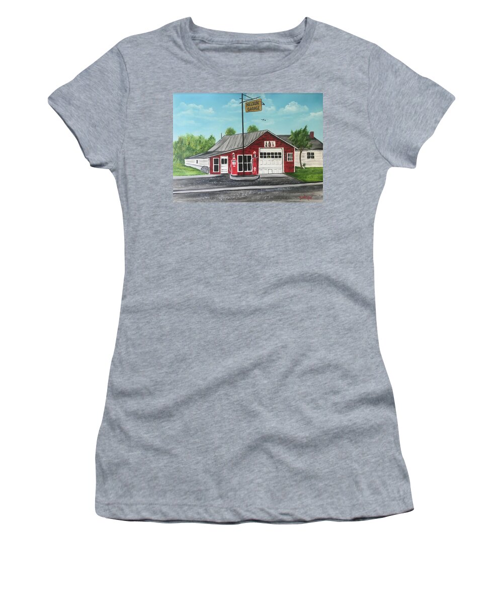 Nelson Garage Women's T-Shirt featuring the painting Our Memory of Nelson Garage by Lloyd Dobson