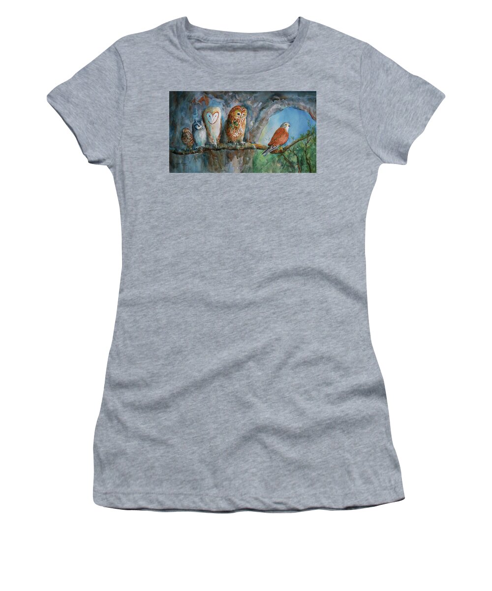 Birds Women's T-Shirt featuring the painting Out on a Limb by Sue Kemp