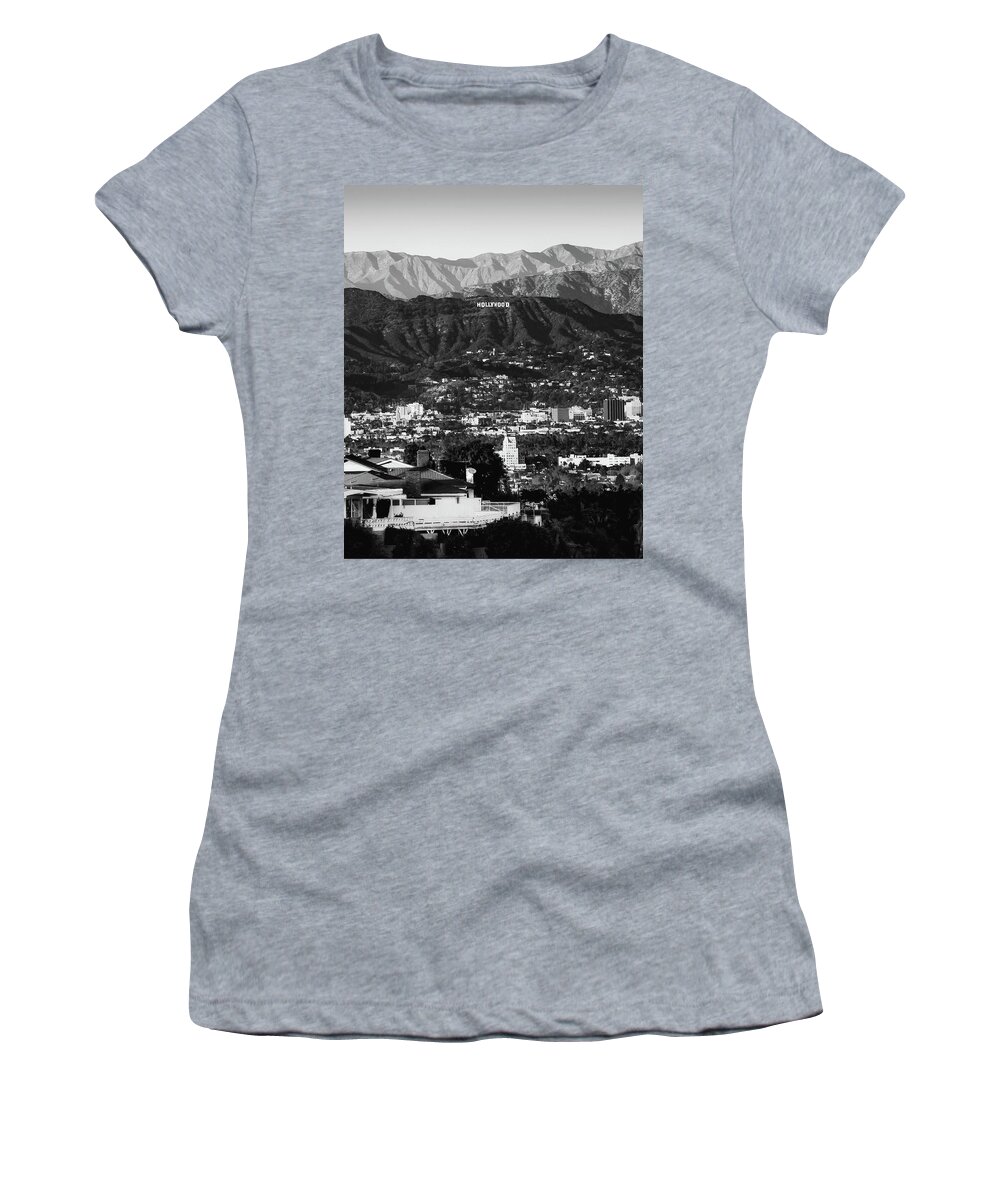 Hollywood Hills Women's T-Shirt featuring the photograph Overlooking Hollywood Hills And The Santa Monica Mountains - Black and White Edition by Gregory Ballos