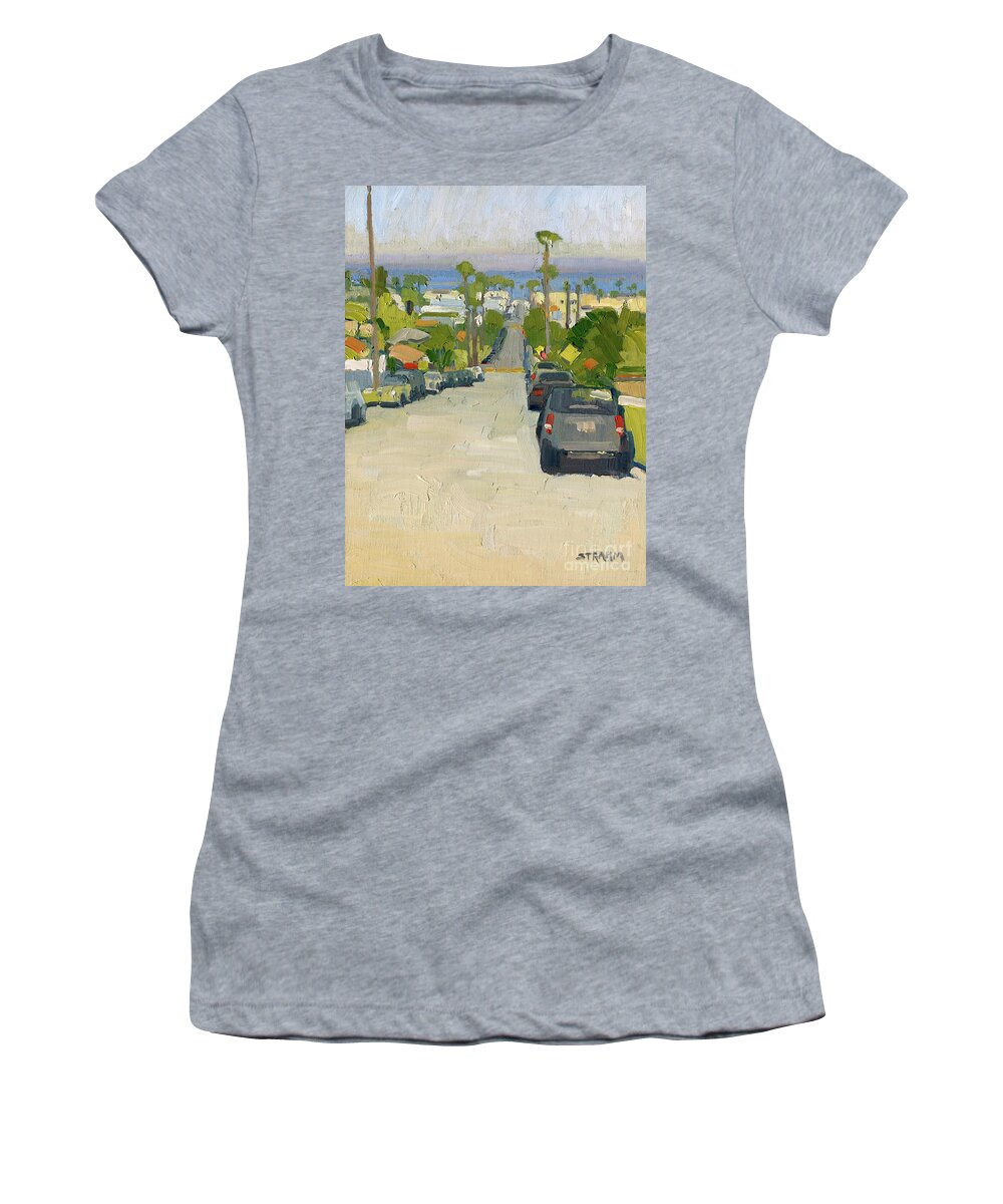 Pacific Ocean Women's T-Shirt featuring the painting Pacific Ocean from Newport Ave, Ocean Beach, San Diego by Paul Strahm