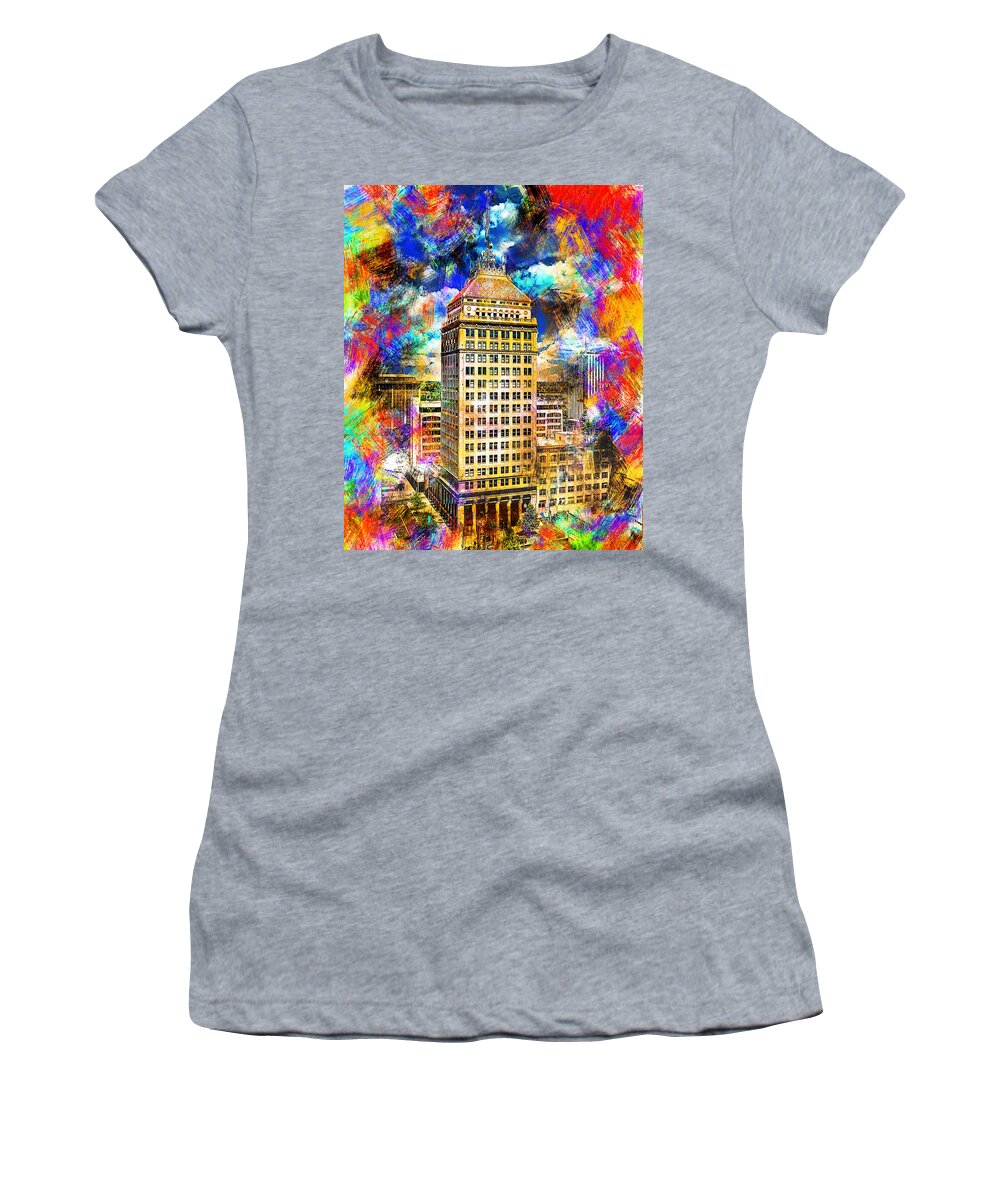 Pacific Southwest Building Women's T-Shirt featuring the digital art Pacific Southwest Building in Fresno - colorful painting by Nicko Prints