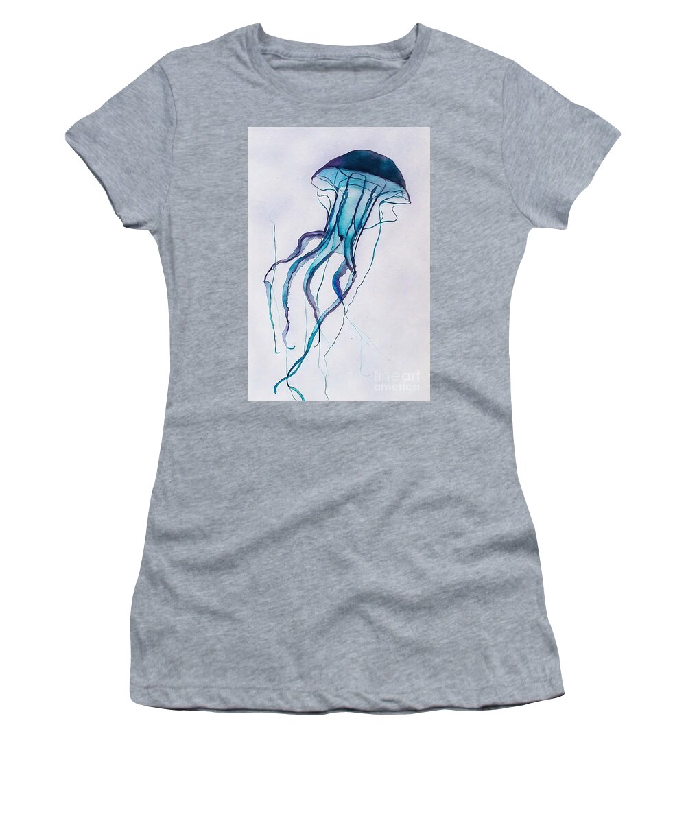 Blue Women's T-Shirt featuring the painting Painting Jellyfish 3 blue jellyfish background ar by N Akkash