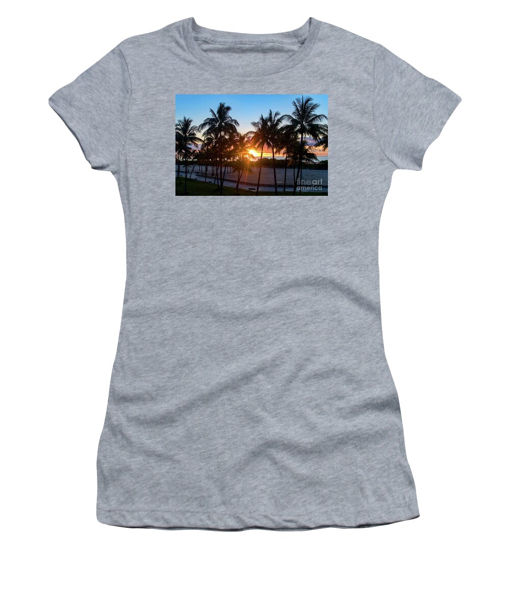 Palm Women's T-Shirt featuring the photograph Palm Tree Sunset on Ocean Drive South Beach Miami by Beachtown Views