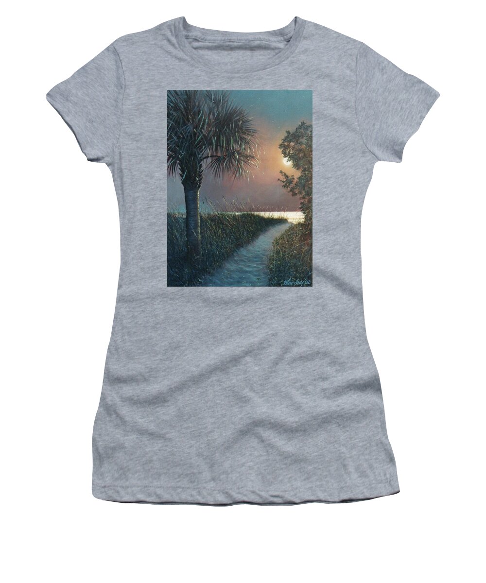 Palmetto Women's T-Shirt featuring the painting Palmetto Moon with Path by Blue Sky