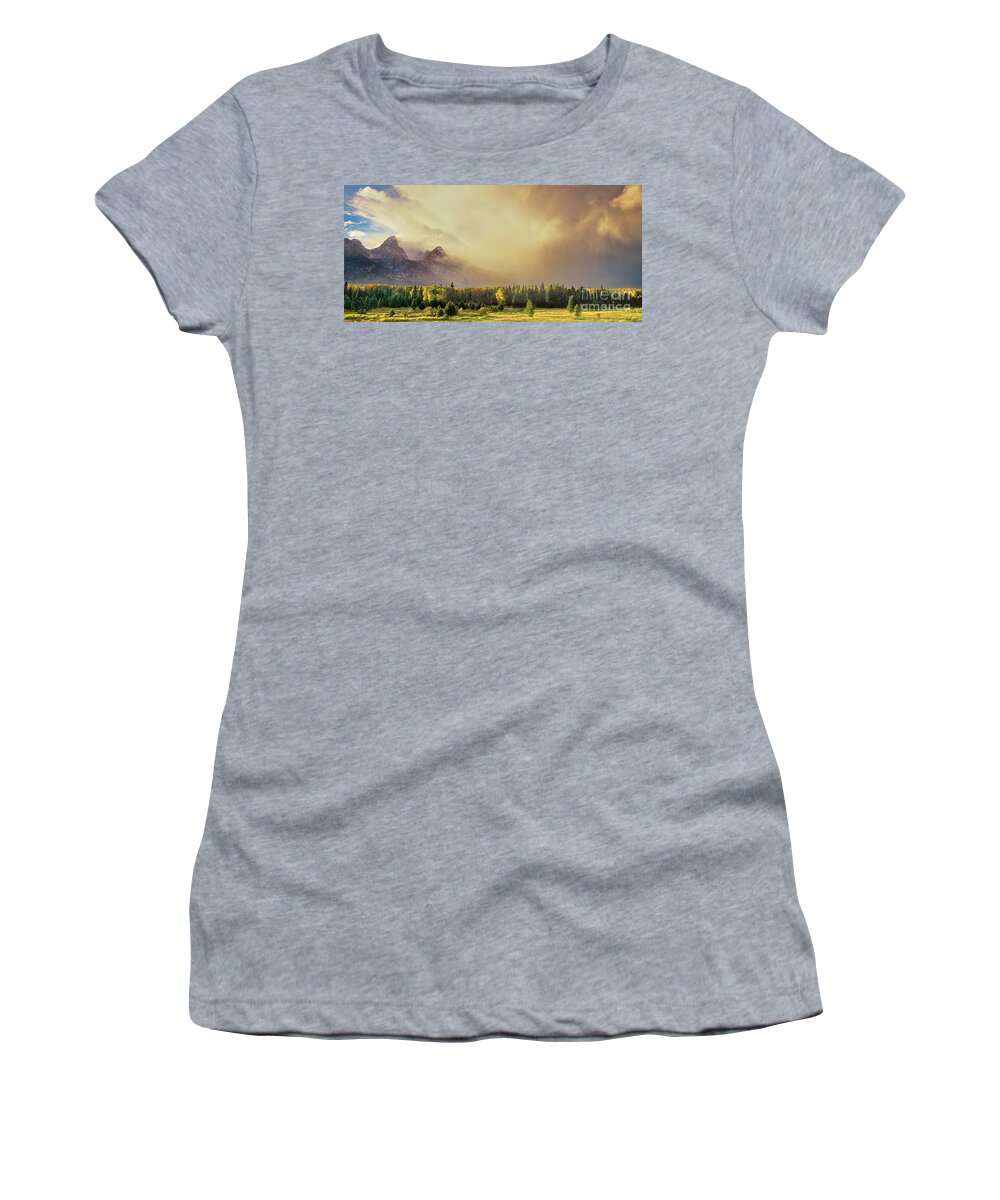 North America Women's T-Shirt featuring the photograph Panorama Clearing Storm over the Grand Tetons by Dave Welling