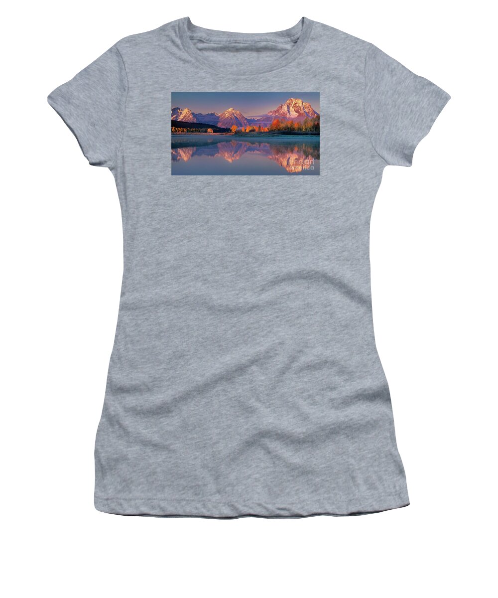 Dave Welling Women's T-Shirt featuring the photograph Panorama Dawn Autumn Tetons Oxbow Bend Grand Tetons National Park by Dave Welling