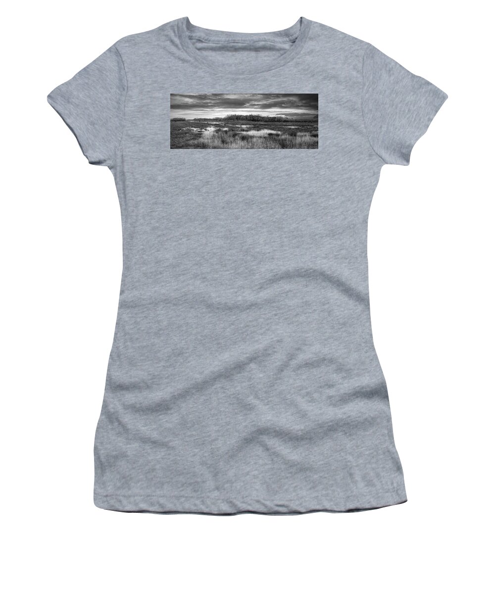Clouds Women's T-Shirt featuring the photograph Panorama Overlooking the Marsh Black and White by Debra and Dave Vanderlaan