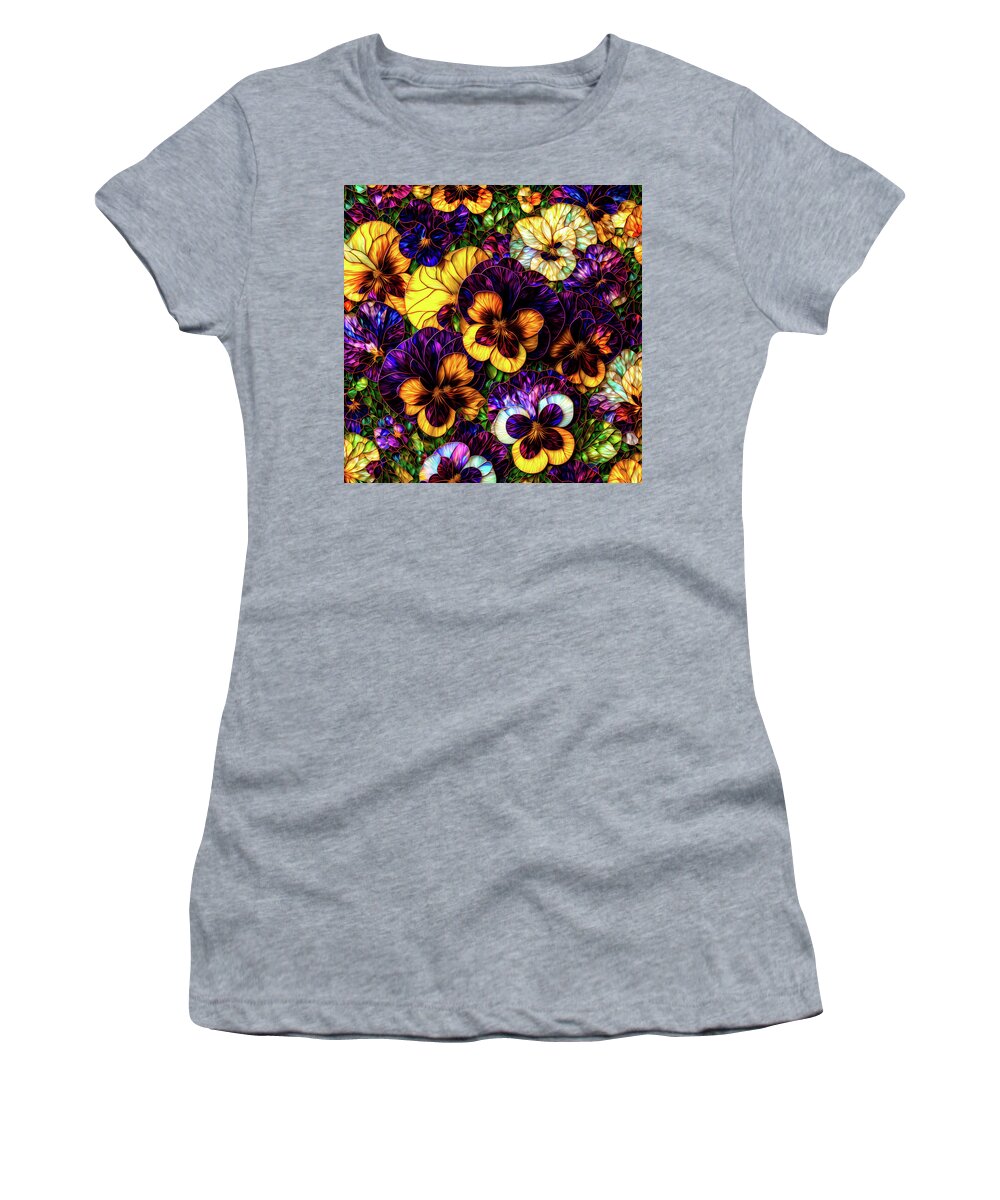 Pansies Women's T-Shirt featuring the digital art Pansies - Stained Glass by Peggy Collins