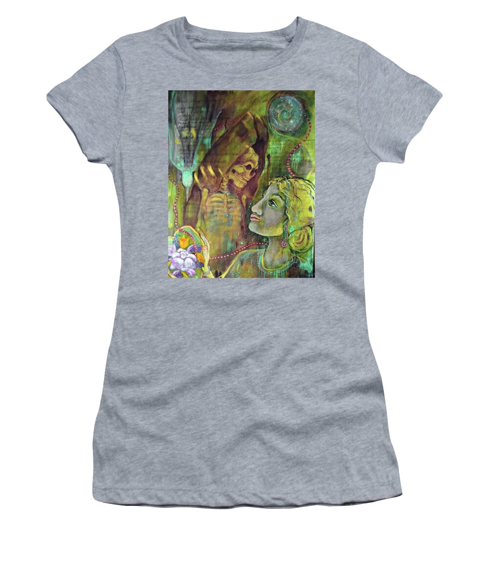Life And Death Women's T-Shirt featuring the painting Paradox Life Having A Conversation with Death by Feather Redfox
