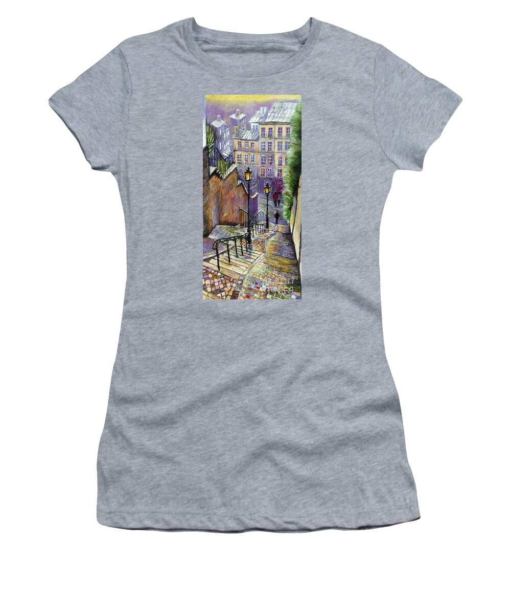 Cityscape Women's T-Shirt featuring the painting Paris Montmartre Steps by Yuriy Shevchuk