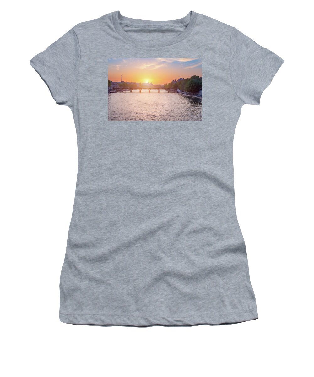 Paris Women's T-Shirt featuring the photograph Paris skyline and river Seine at sunset by Philippe Lejeanvre
