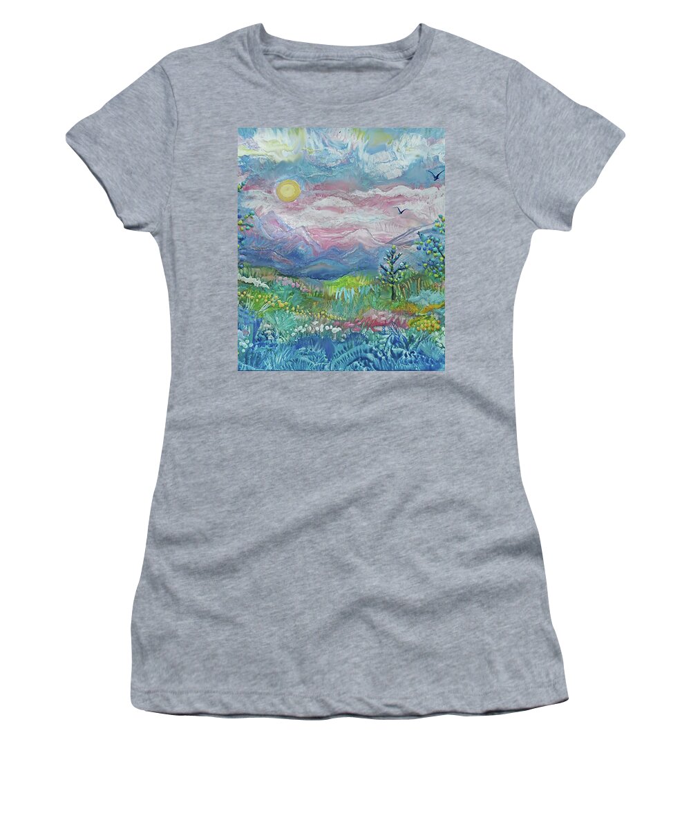 Encaustic Women's T-Shirt featuring the painting Pastel Mountain Valley by Jean Batzell Fitzgerald
