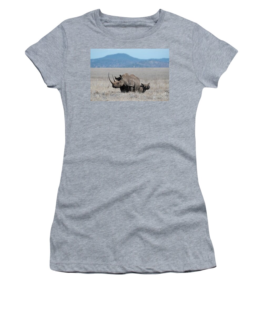 Animals Women's T-Shirt featuring the photograph Peekaboo - Rhino Family by Sandra Bronstein