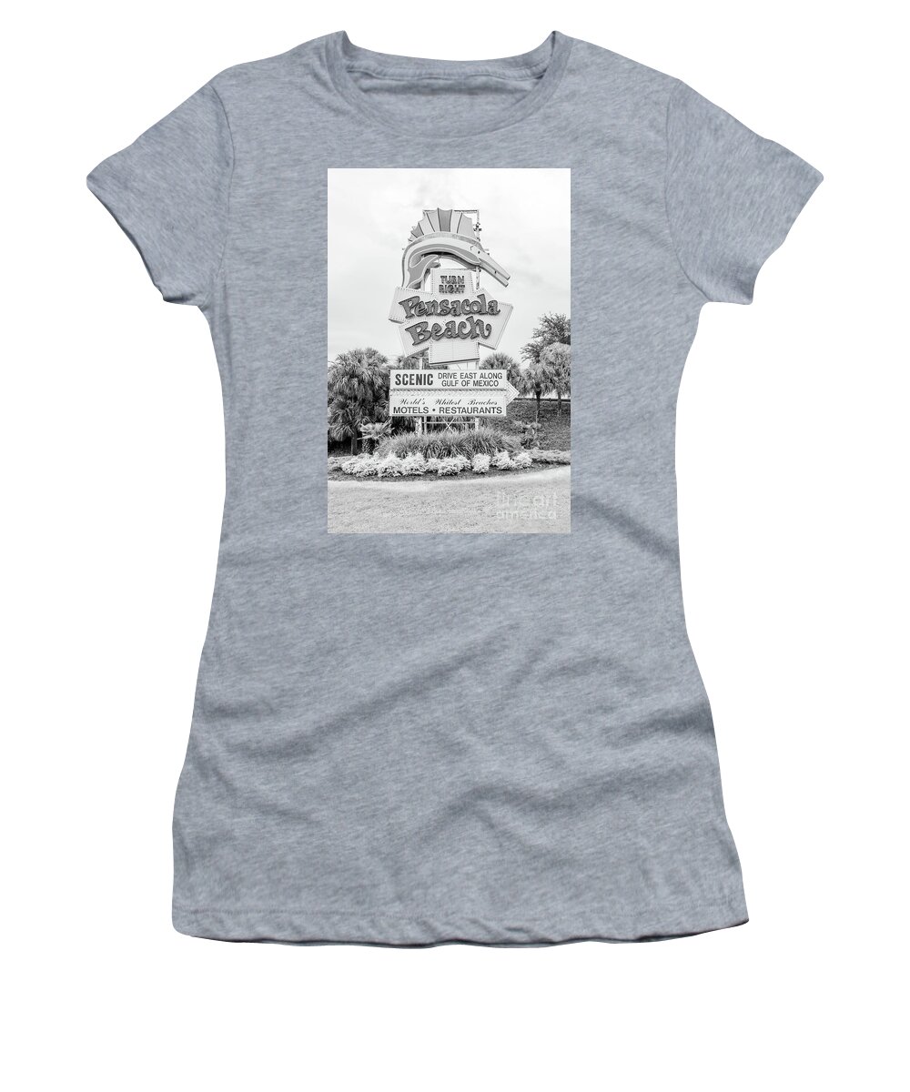 2018 Women's T-Shirt featuring the photograph Pensacola Beach Sign Black and White Photo by Paul Velgos