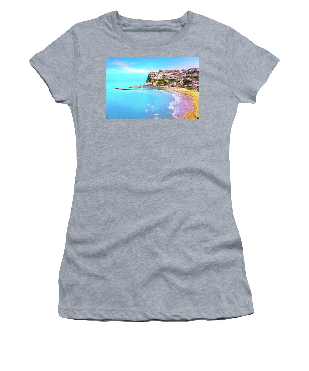 Peschici Women's T-Shirt featuring the photograph Peschici village and beach by Stefano Orazzini