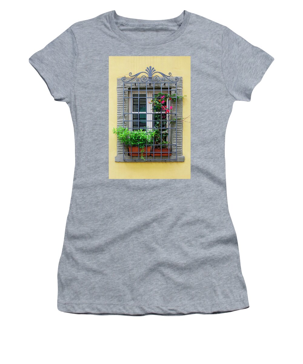 Lucca Women's T-Shirt featuring the photograph Picture Window - Window bars and flower pots on tis yellow wall in Lucca Italy by Kenneth Lane Smith
