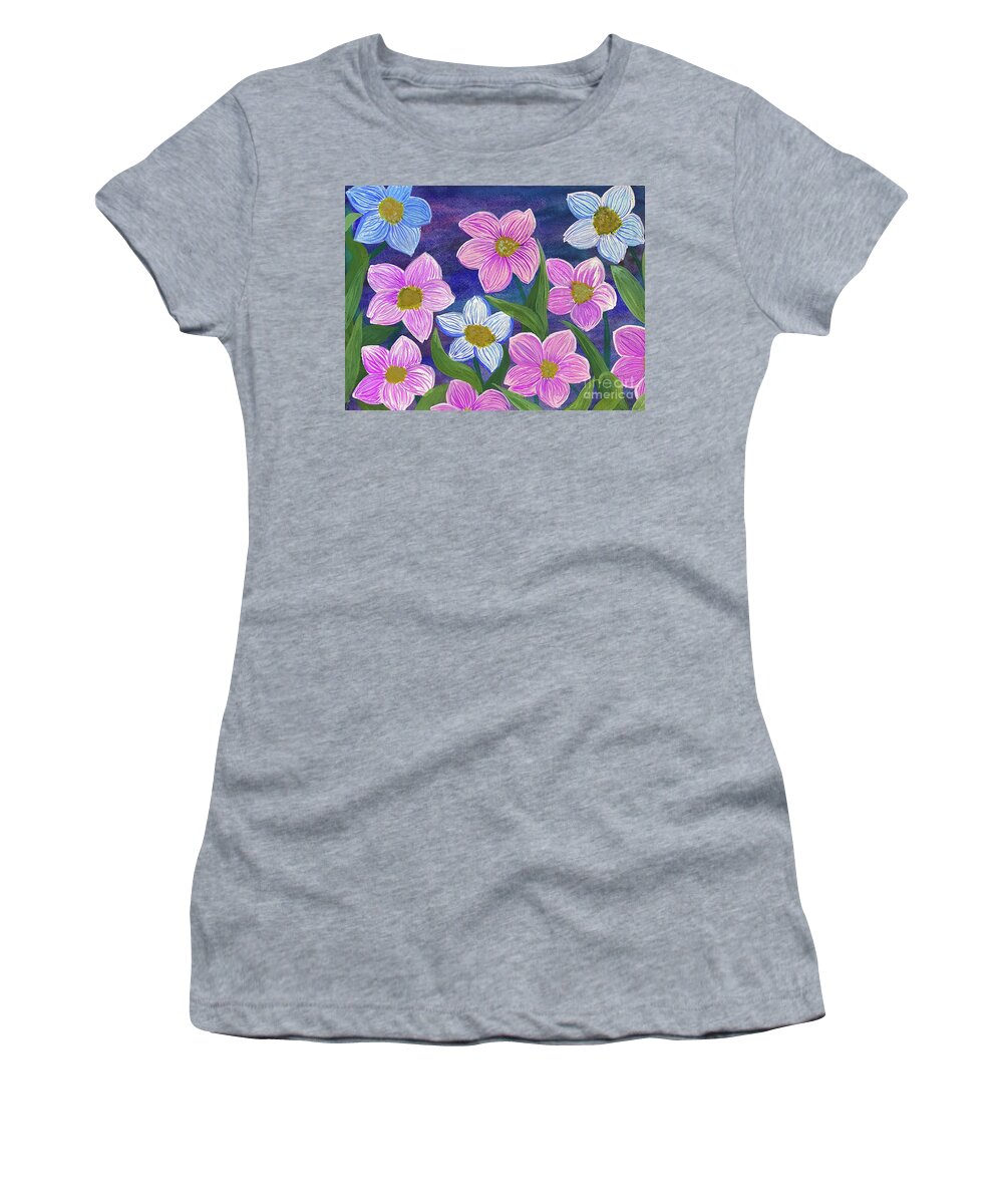 Pink Women's T-Shirt featuring the mixed media Pink and Blue Flowers by Lisa Neuman