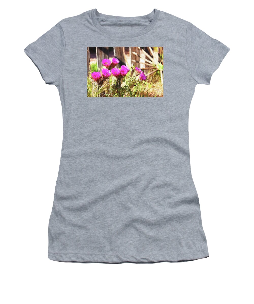 Pink Women's T-Shirt featuring the mixed media Pink Cactus flowers in Nevada by Tatiana Travelways